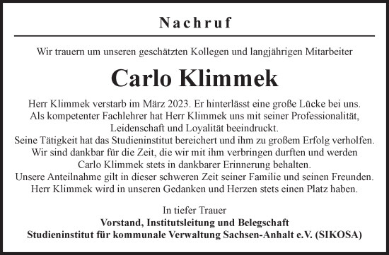 Traueranzeige von Carlo Klimmek von Mitteldeutsche Zeitung Dessau-Roßlau