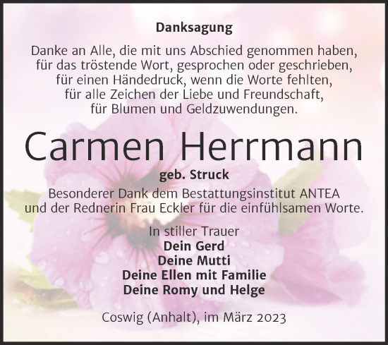 Traueranzeige von Carmen Herrmann von Trauerkombi Wittenberg