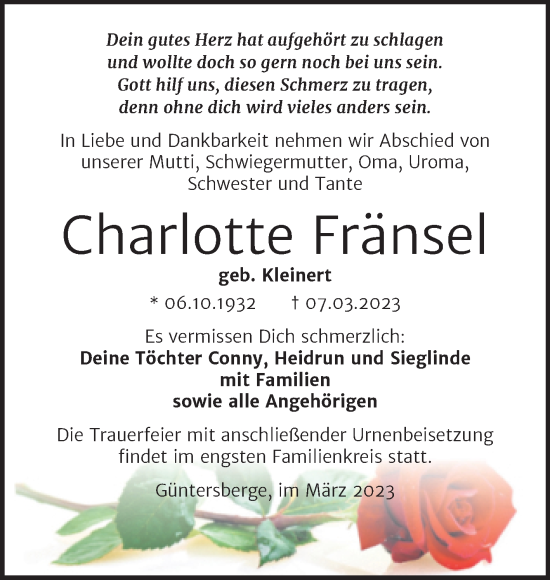 Traueranzeige von Charlotte Fränsel von Trauerkombi Quedlinburg