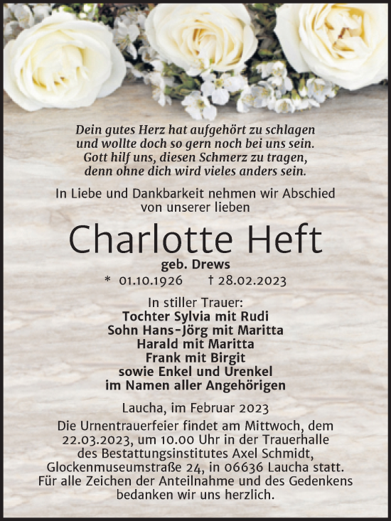Traueranzeige von Charlotte Heft von Naumburger Tageblatt