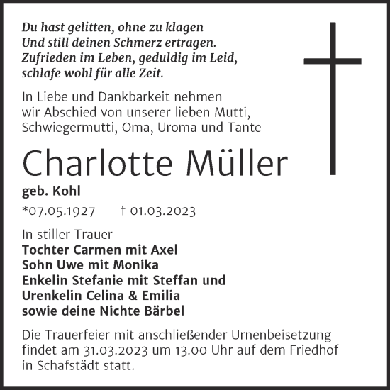 Traueranzeige von Charlotte Müller von Trauerkombi Merseburg