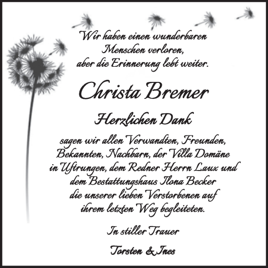 Traueranzeige von Christa Bremer von Trauerkombi Sangerhausen
