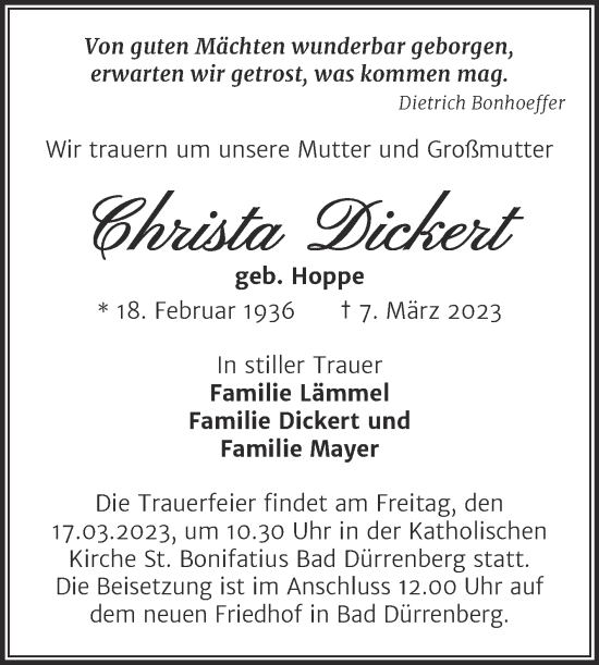Traueranzeige von Christa Dickert von Mitteldeutsche Zeitung Merseburg/Querfurt