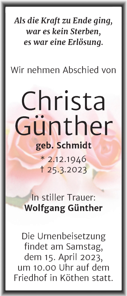 Traueranzeige von Christa Günther von Trauerkombi Köthen