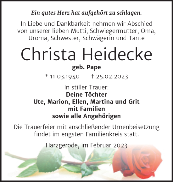 Traueranzeige von Christa Heidecke von Trauerkombi Quedlinburg