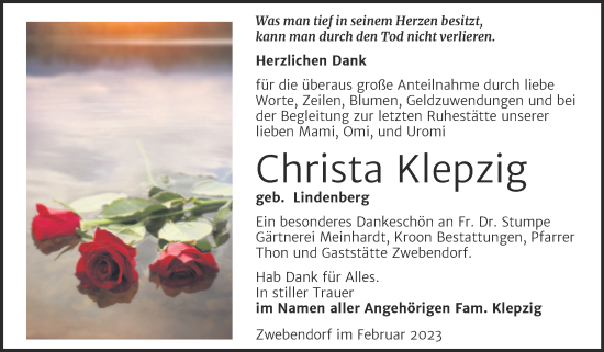 Traueranzeige von Christa Klepzig von Mitteldeutsche Zeitung Halle/Saalkreis