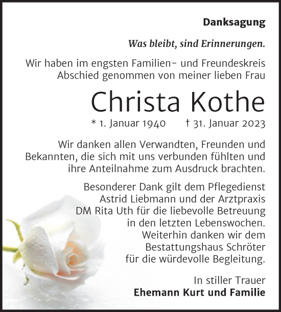 Traueranzeige von Christa Kothe von Trauerkombi Bitterfeld