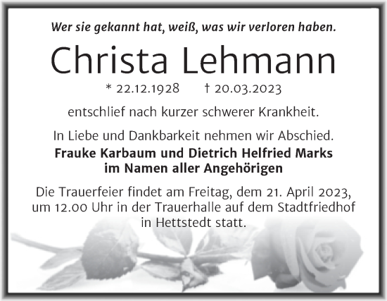 Traueranzeige von Christa Lehmann von Trauerkombi Mansfelder Land