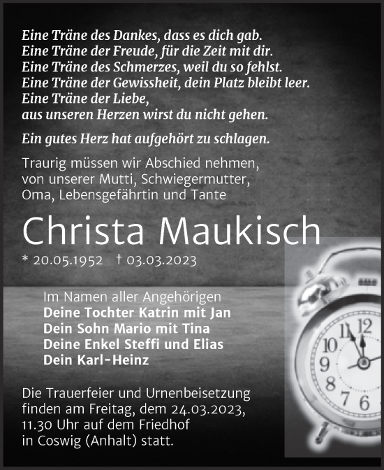 Traueranzeige von Christa Maukisch von Trauerkombi Wittenberg