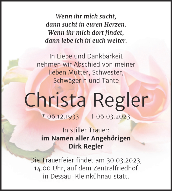 Traueranzeige von Christa Regler von Trauerkombi Dessau