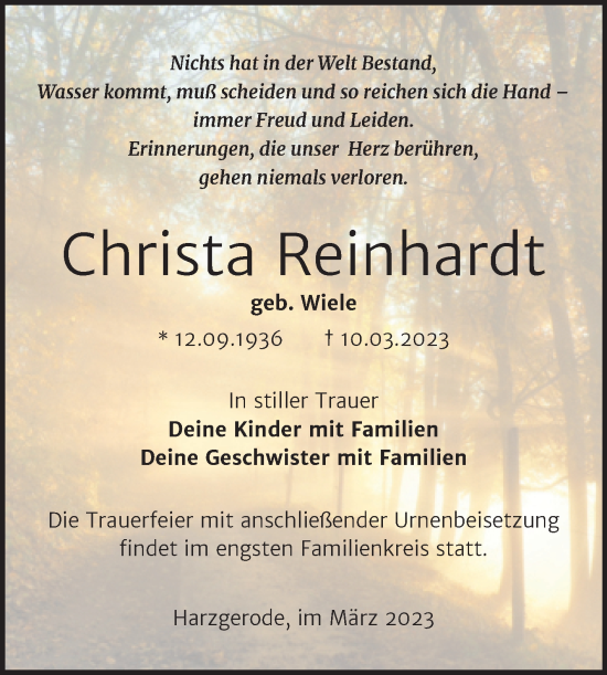 Traueranzeige von Christa Reinhardt von Super Sonntag Mansfelder Land