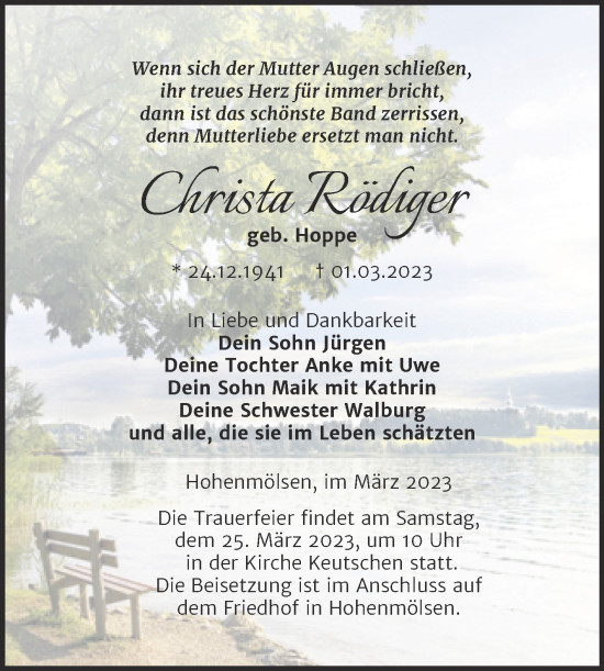 Traueranzeige von Christa Rödiger von Trauerkombi Weißenfels