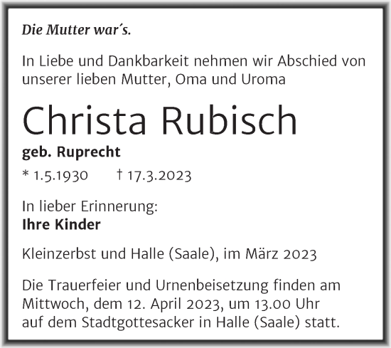 Traueranzeige von Christa Rubisch von Trauerkombi Köthen