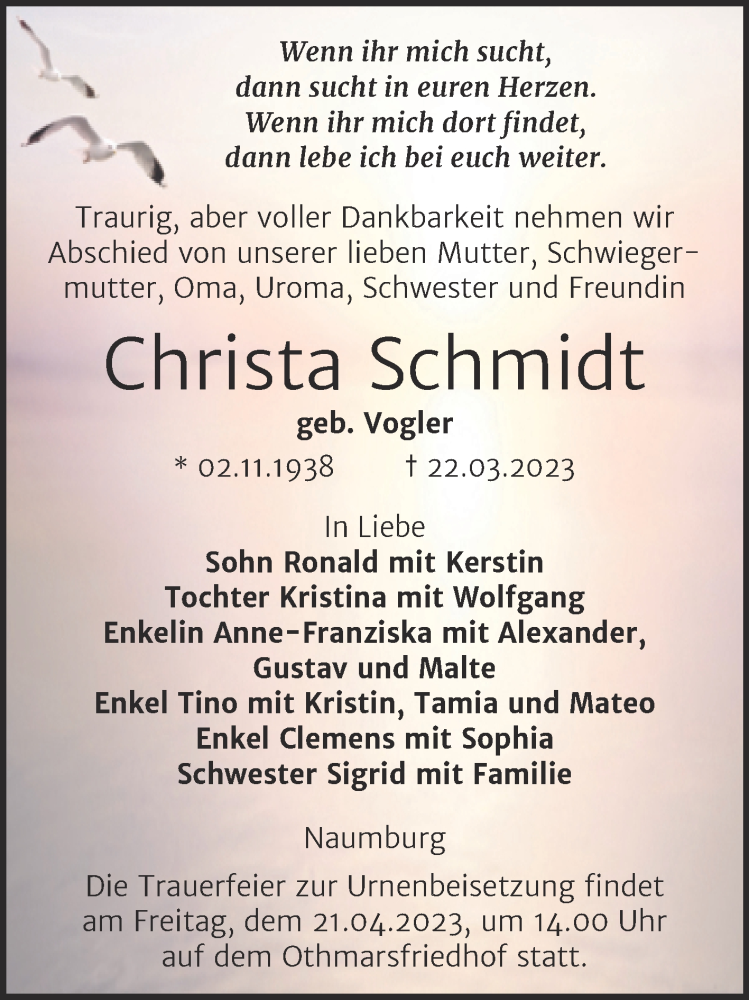  Traueranzeige für Christa Schmidt vom 29.03.2023 aus Wochenspiegel Naumburg/Nebra