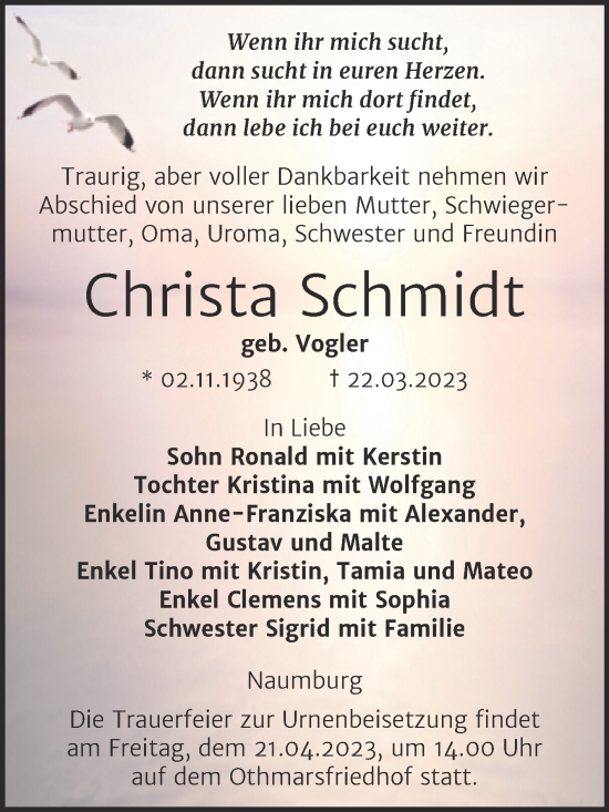 Traueranzeige von Christa Schmidt von Wochenspiegel Naumburg/Nebra