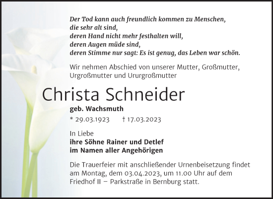 Traueranzeige von Christa Schneider von Trauerkombi Bernburg