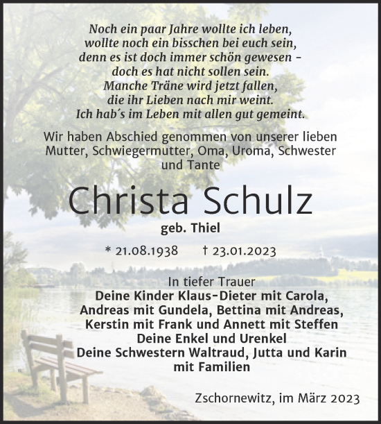Traueranzeige von Christa Schulz von Trauerkombi Wittenberg