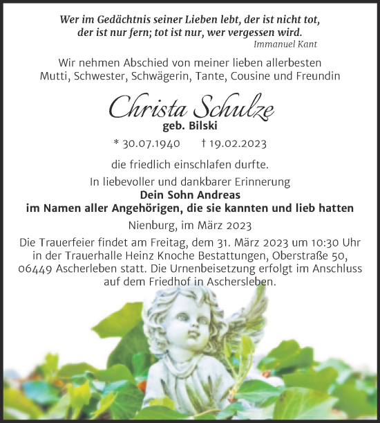 Traueranzeige von Christa Schulze von Trauerkombi Bernburg
