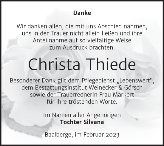 Traueranzeige von Christa Thiede von Trauerkombi Bernburg