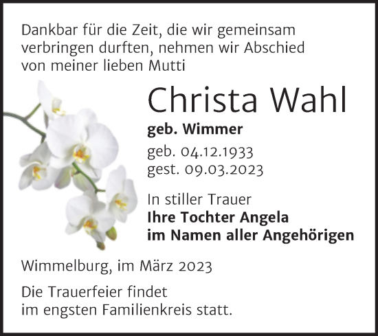 Traueranzeige von Christa Wahl von Trauerkombi Mansfelder Land