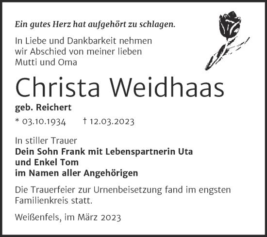 Traueranzeige von Christa Weidhaas von Trauerkombi Weißenfels