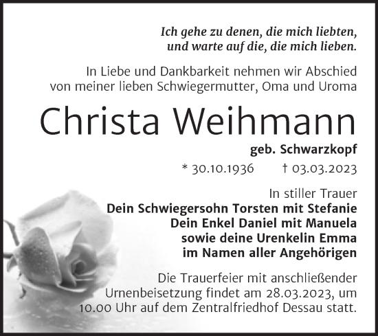 Traueranzeige von Christa Weihmann von Trauerkombi Dessau