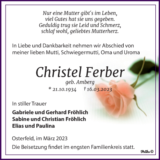 Traueranzeige von Christel Ferber von Trauerkombi Zeitz