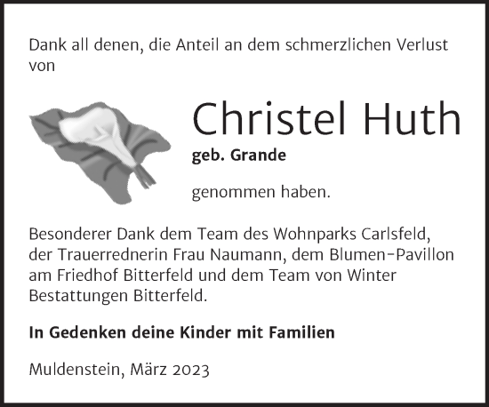 Traueranzeige von Christel Huth von Trauerkombi Bitterfeld