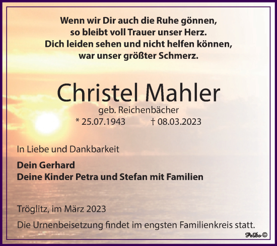 Traueranzeige von Christel Mahler von Trauerkombi Zeitz