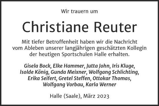 Traueranzeige von Christiane Reuter von Mitteldeutsche Zeitung Halle/Saalkreis