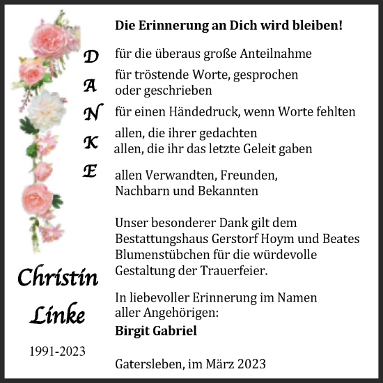 Traueranzeige von Christin Linke von Trauerkombi Aschersleben