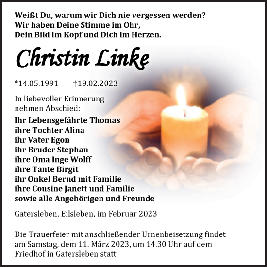 Traueranzeige von Christin Linke von Trauerkombi Aschersleben