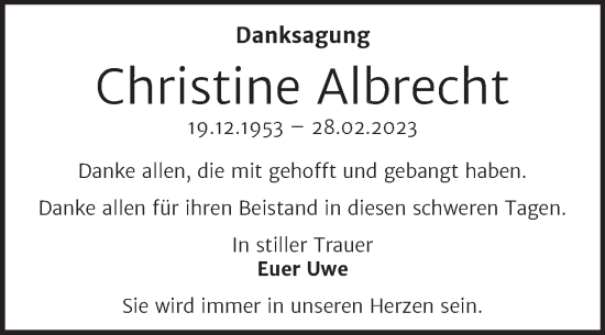 Traueranzeige von Christine Albrecht von Trauerkombi Dessau