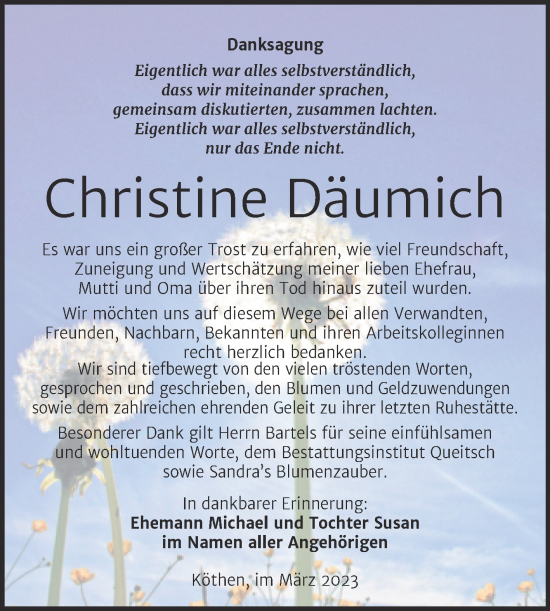 Traueranzeige von Christine Däumich von Trauerkombi Köthen
