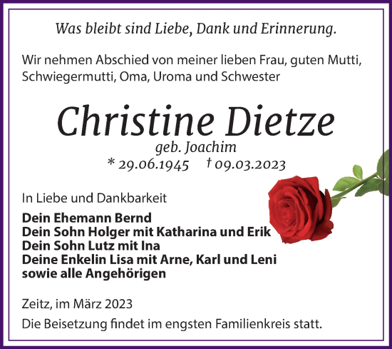 Traueranzeige von Christine Dietze von Trauerkombi Zeitz