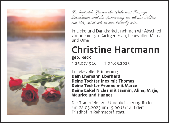 Traueranzeige von Christine Hartmann von Trauerkombi Zeitz