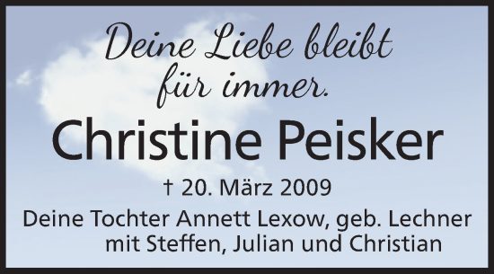 Traueranzeige von Christine Peisker von Naumburger Tageblatt