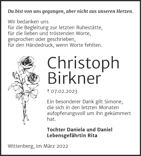 Traueranzeige von Christoph Birkner von Trauerkombi Wittenberg