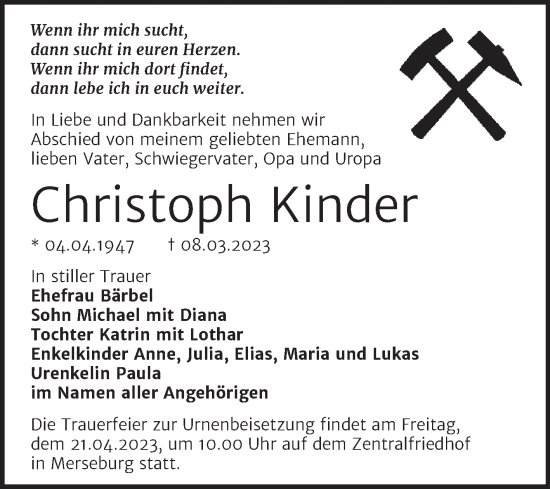 Traueranzeige von Christoph Kinder von Trauerkombi Merseburg