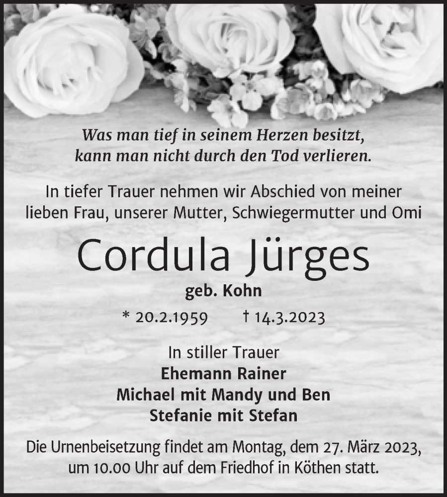  Traueranzeige für Cordula Jürges vom 25.03.2023 aus Trauerkombi Köthen
