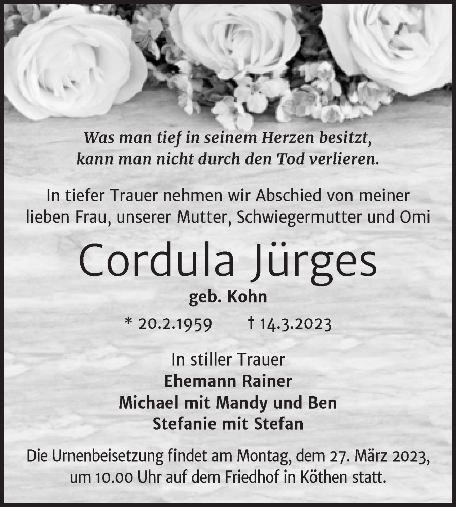  Traueranzeige für Cordula Jürges vom 17.03.2023 aus Trauerkombi Köthen