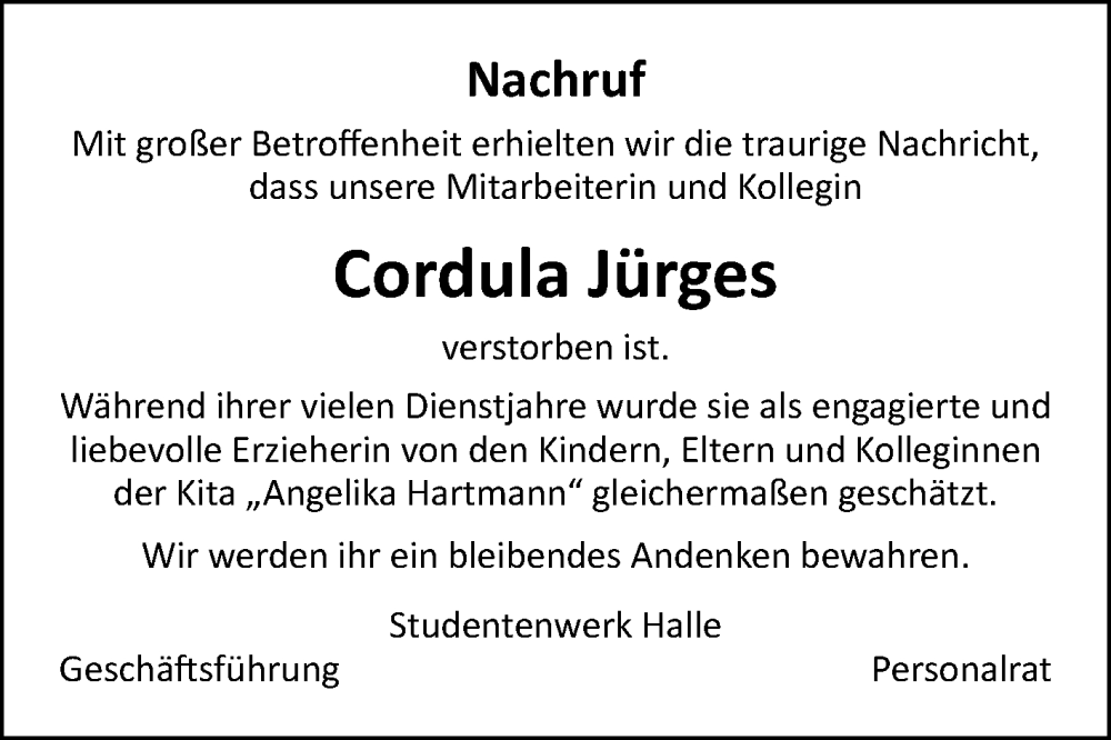  Traueranzeige für Cordula Jürges vom 22.03.2023 aus Mitteldeutsche Zeitung Köthen