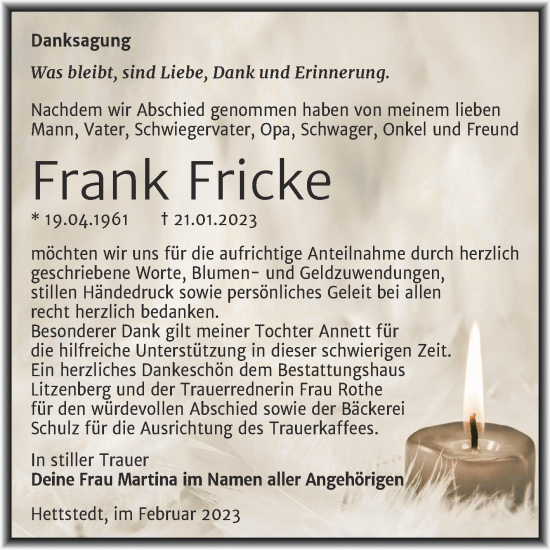 Traueranzeige von Frank Fricke von Trauerkombi Mansfelder Land