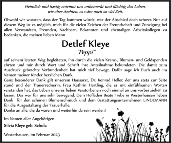 Traueranzeige von Detlef Kleye von Super Sonntag Quedlingburg