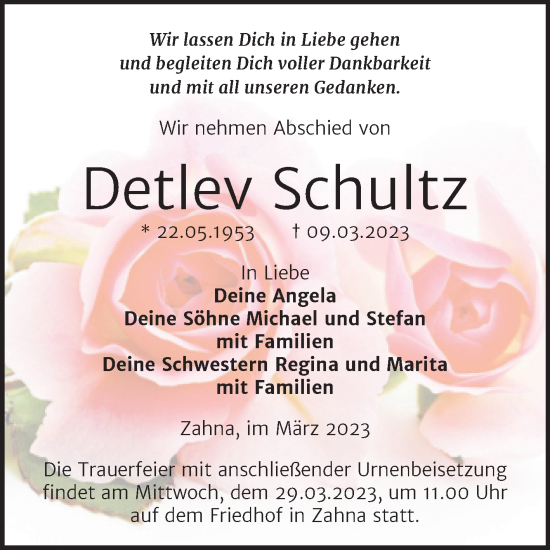 Traueranzeige von Detlev Schultz von Trauerkombi Wittenberg