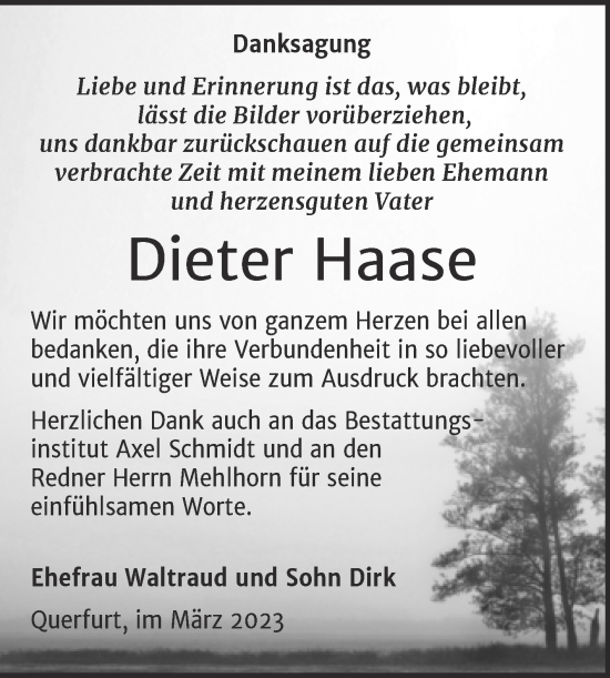Traueranzeige von Dieter Haase von Trauerkombi Merseburg