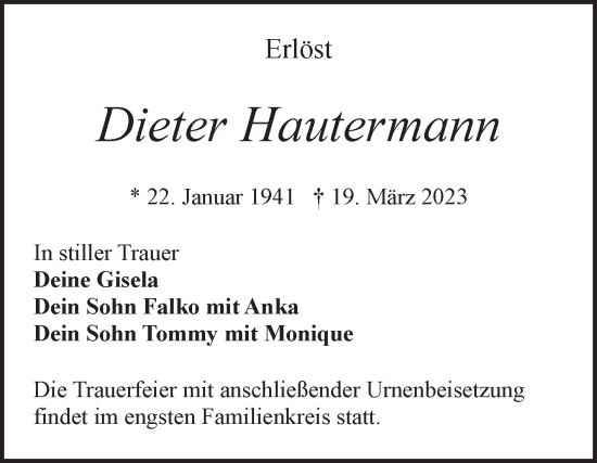 Traueranzeige von Dieter Hautermann von Trauerkombi Bitterfeld