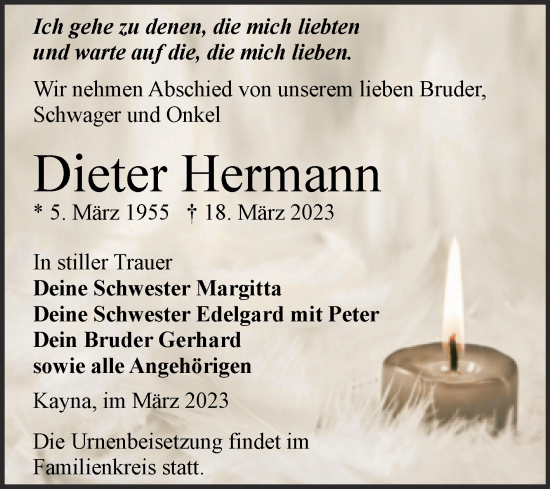 Traueranzeige von Dieter Hermann von Trauerkombi Zeitz