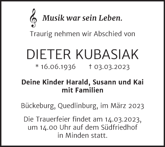 Traueranzeige von Dieter Kubasiak von Super Sonntag Quedlingburg