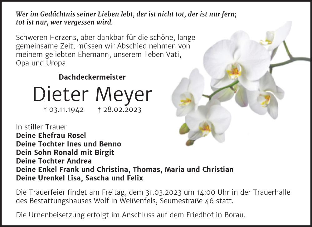  Traueranzeige für Dieter Meyer vom 08.03.2023 aus Trauerkombi Weißenfels